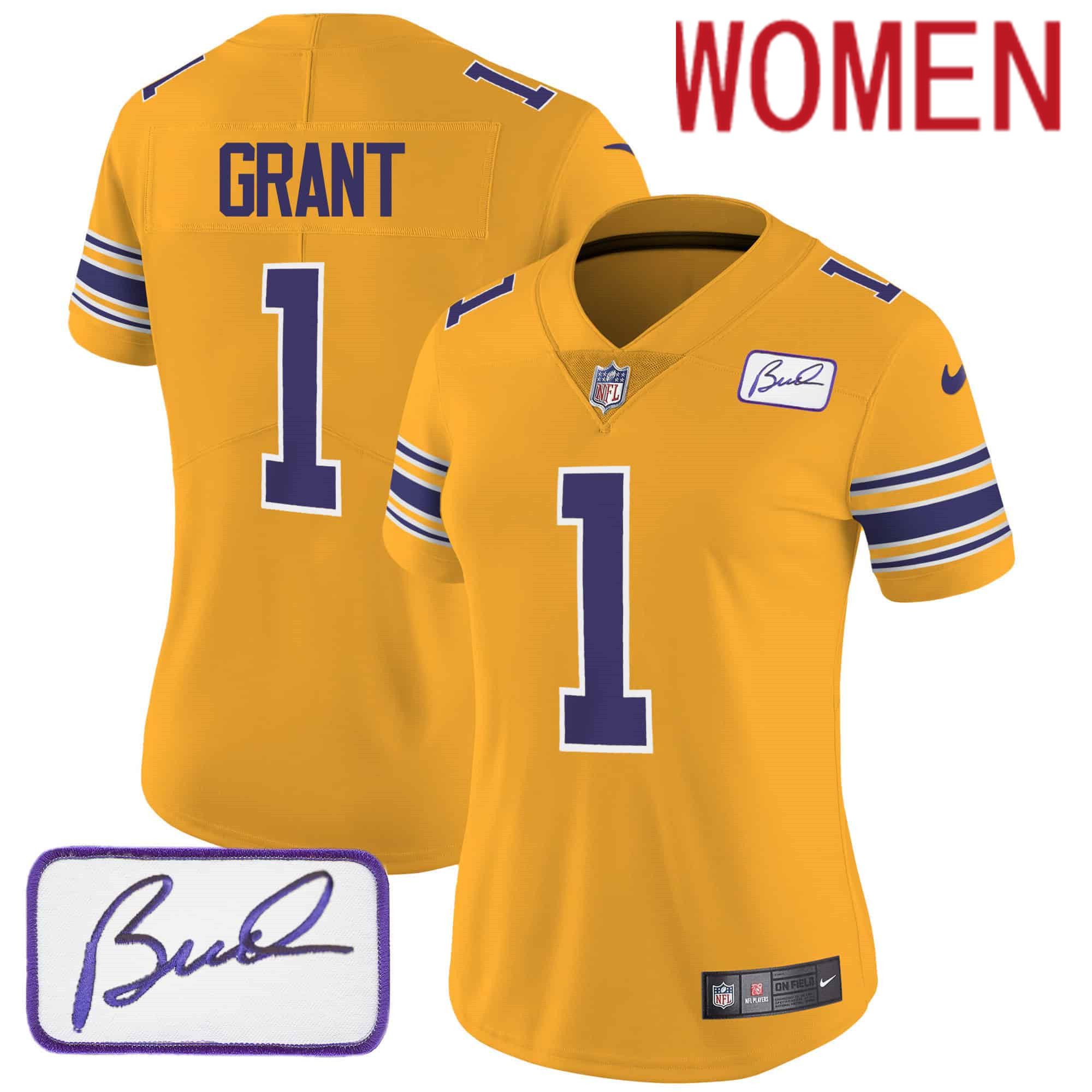 Women Minnesota Vikings #1 Grant Yellow 2024 Nike Bud Grant Patch Classic Limited NFL Jersey